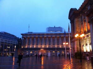 Rainy dusk view of the Town Hall