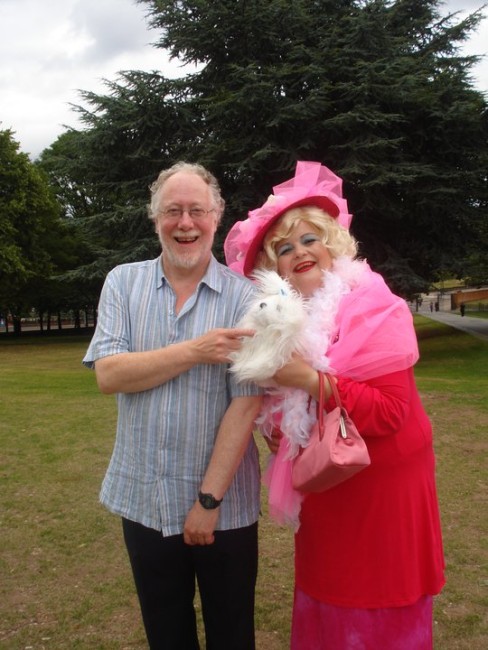 The Literary Bus strikes again. Chris with 'Barbara Cartland' and dog! © Anne-Marie Hayes