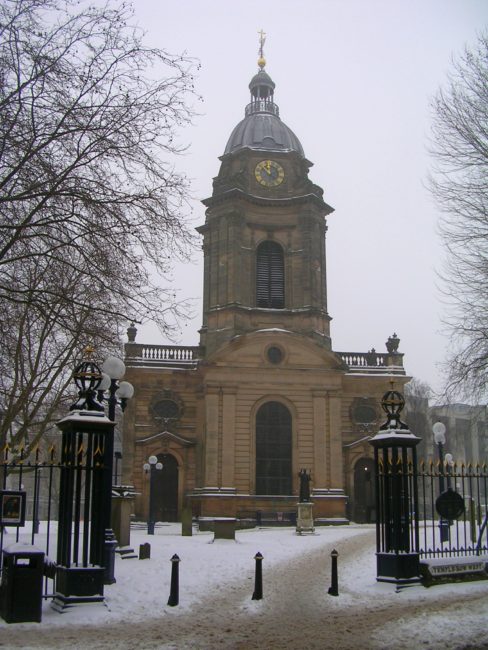 St Philip's Cathedral in Birmingham in the snow